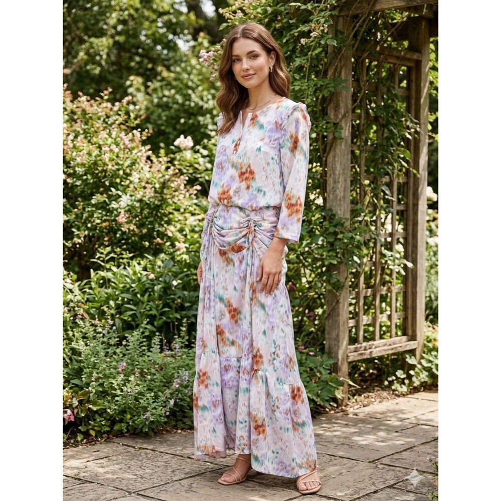 Wedding Guest Dress Boho Watercolor Maxi Long Sleeve Ruched Waist Pastel Floral